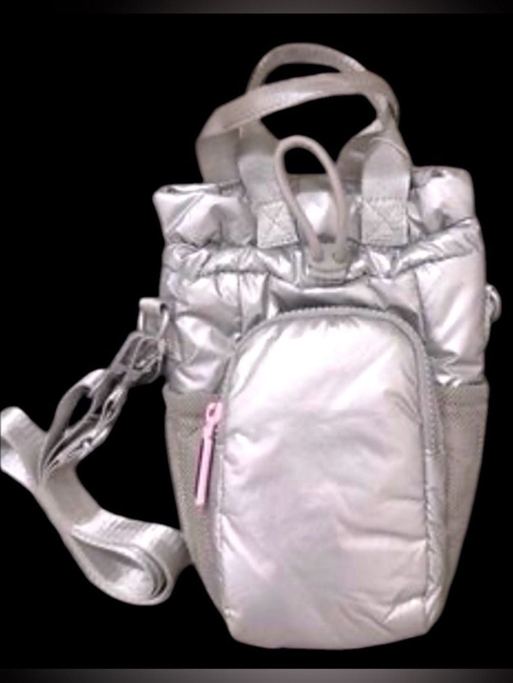 NWT Wildfox Lightweight Puffer Crossbody Shoulder Bottle Bag metallic silver